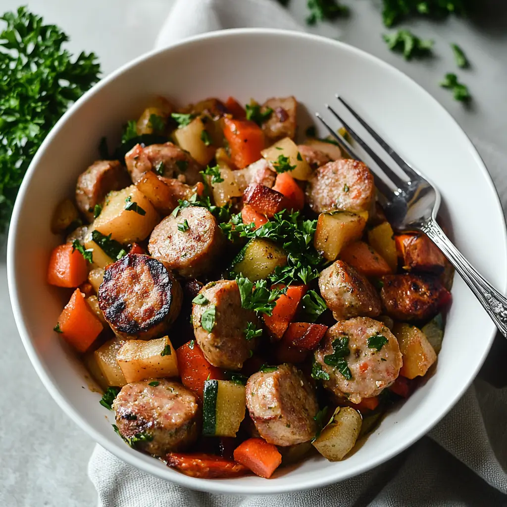 Skillet filled with turkey sausage and colorful vegetables including bell peppers, zucchini, and cherry tomatoes.
