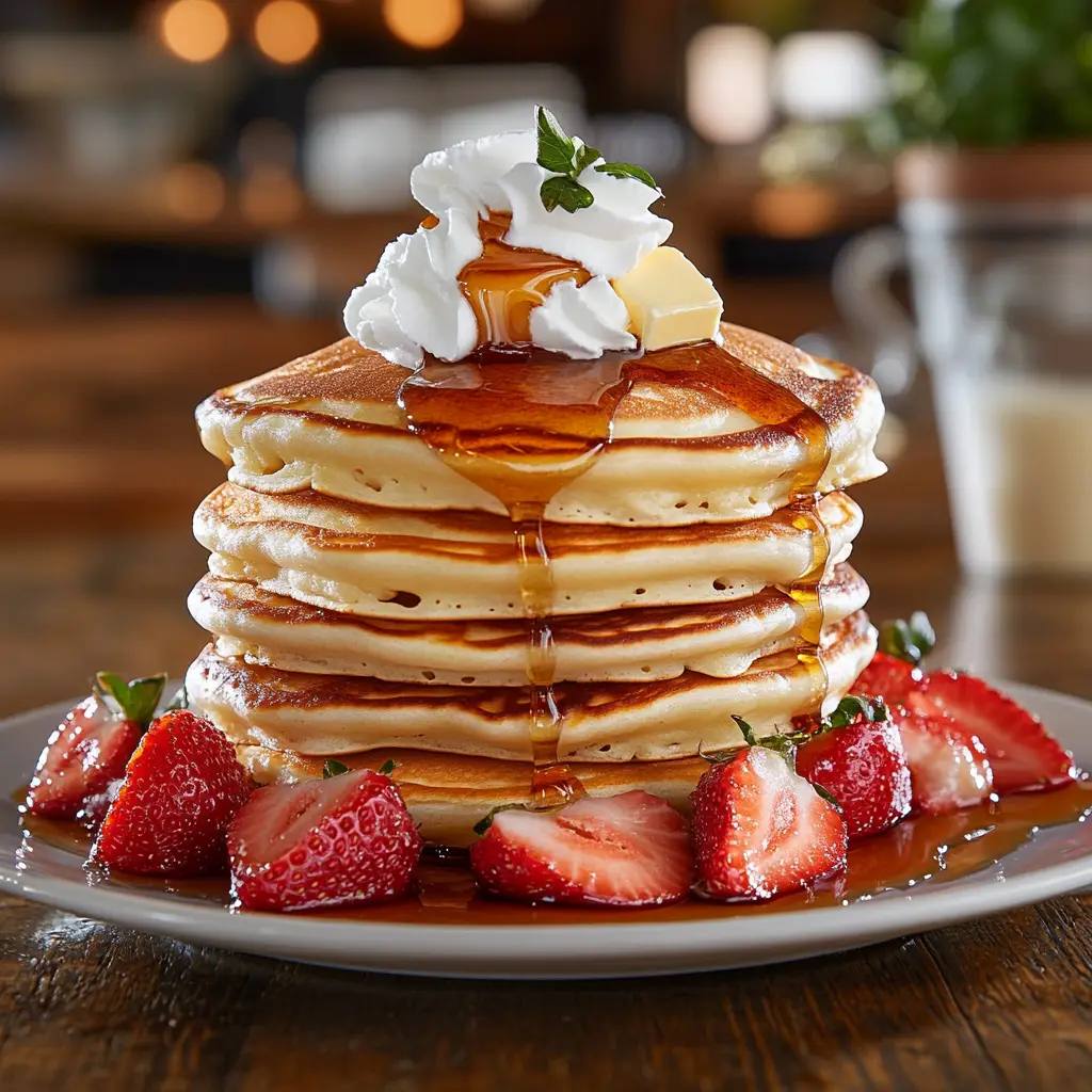 fluffy golden pancakes topped with whipped cream, butter, and maple syrup, surrounded by fresh strawberries.