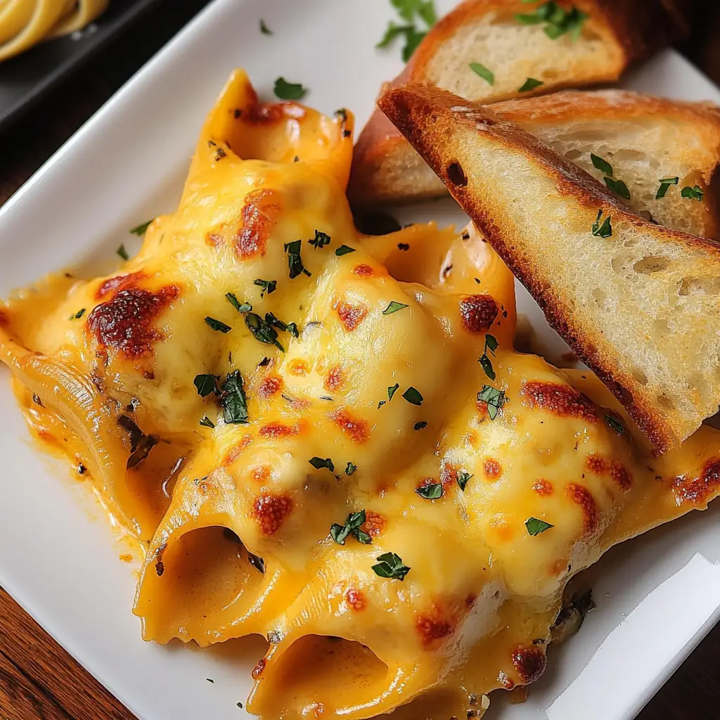 Baked cheese-stuffed pasta shells with marinara and melted mozzarella, served with golden garlic bread.