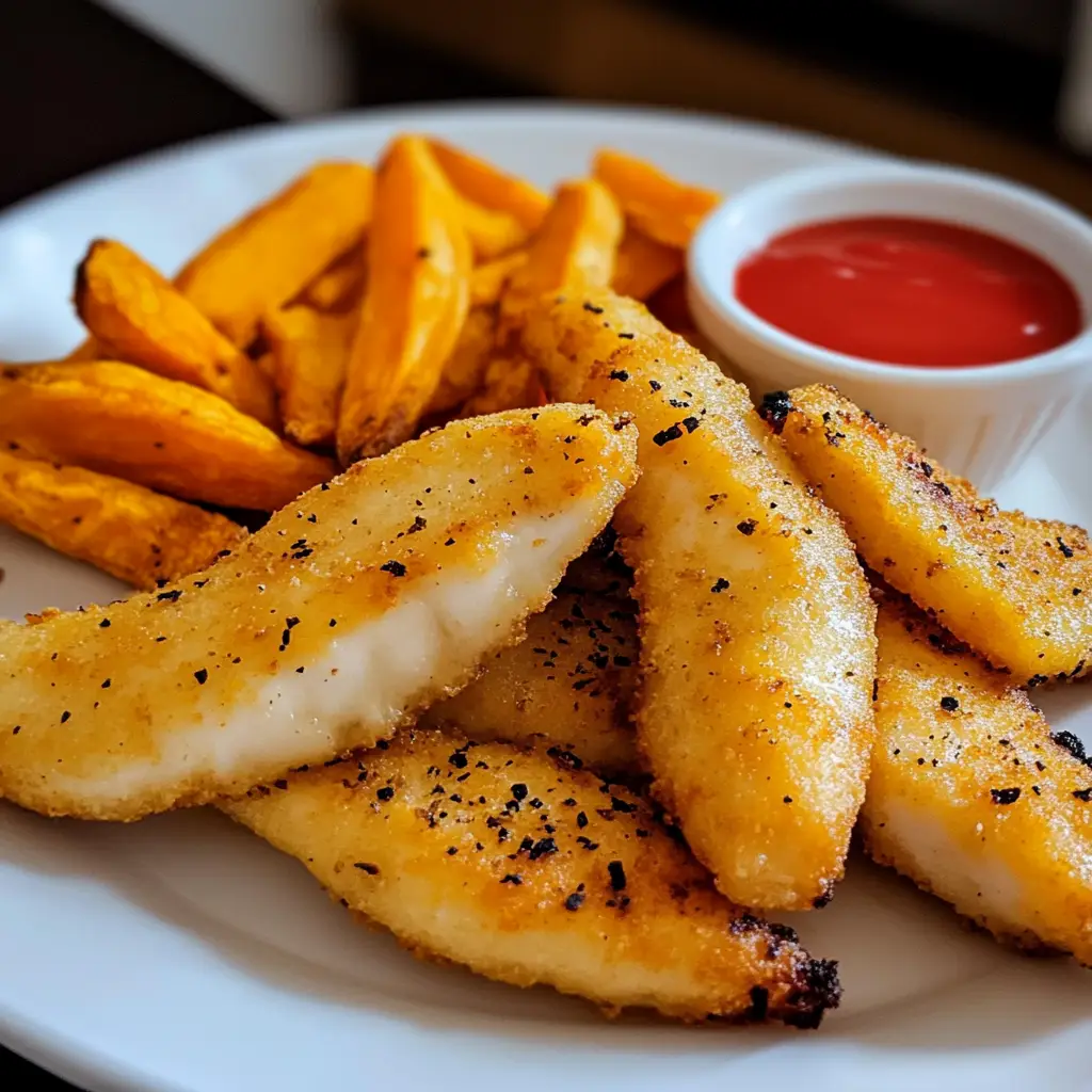 Homemade crispy fish sticks and sweet potato fries served with dipping sauce on a plate.