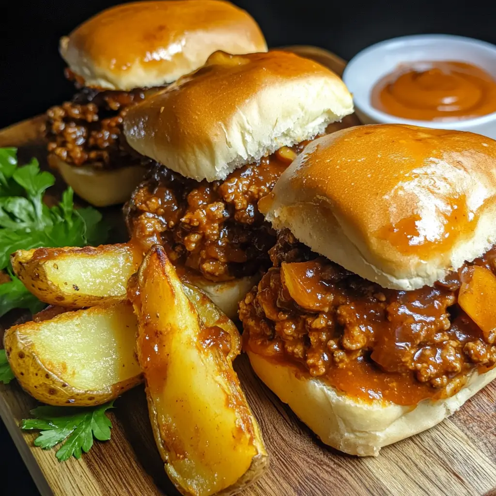 Sloppy Joe sliders with cheddar cheese served with crispy potato wedges on a wooden board.