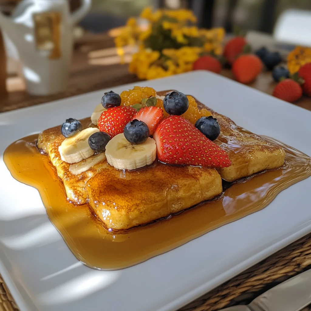 Pancake sheet topped with mixed fruits and drizzled with syrup, cut into squares and ready to serve.