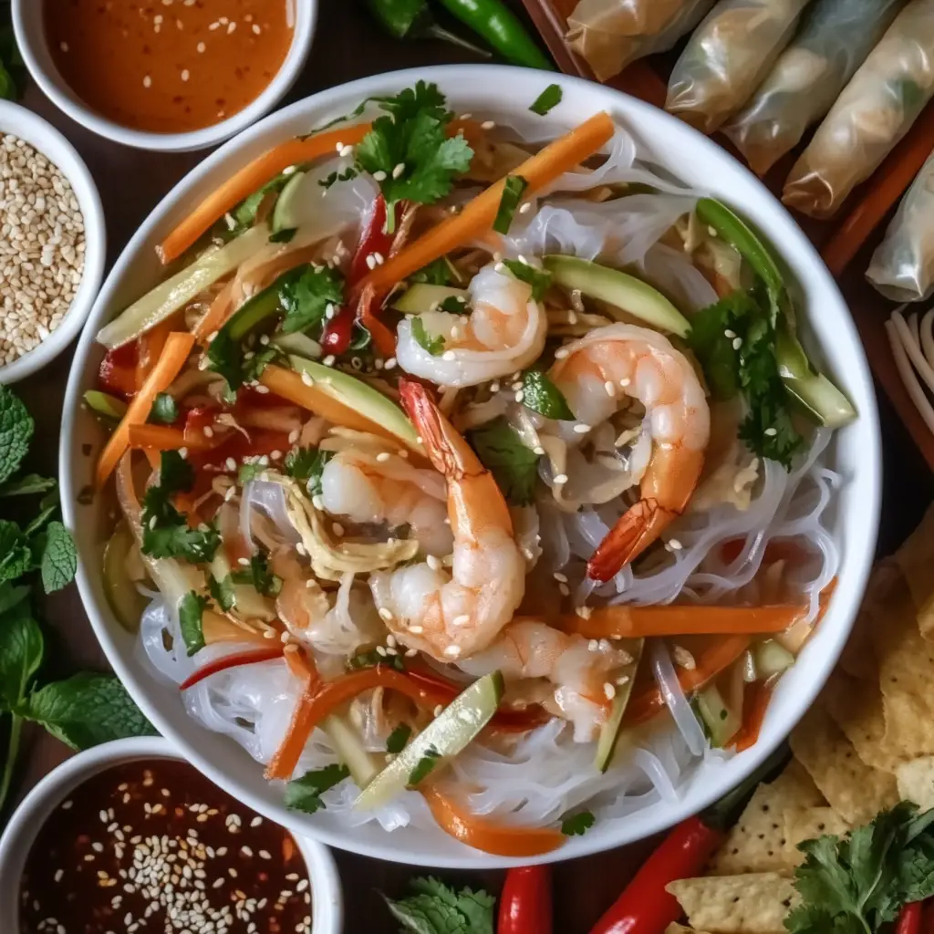 Close-up of freshly made rice paper noodles tossed with vegetables and sesame seeds.