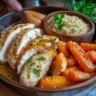 A colorful sheet pan dinner featuring roasted herb chicken, vibrant carrots, and fluffy quinoa, all cooked together for a healthy, easy five-ingredient meal.