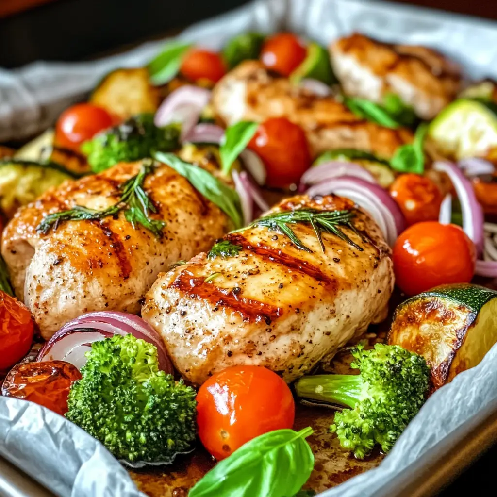 A cozy sheet pan dinner for two featuring roasted chicken breasts, cherry tomatoes, broccoli, and zucchini on a parchment-lined baking tray.