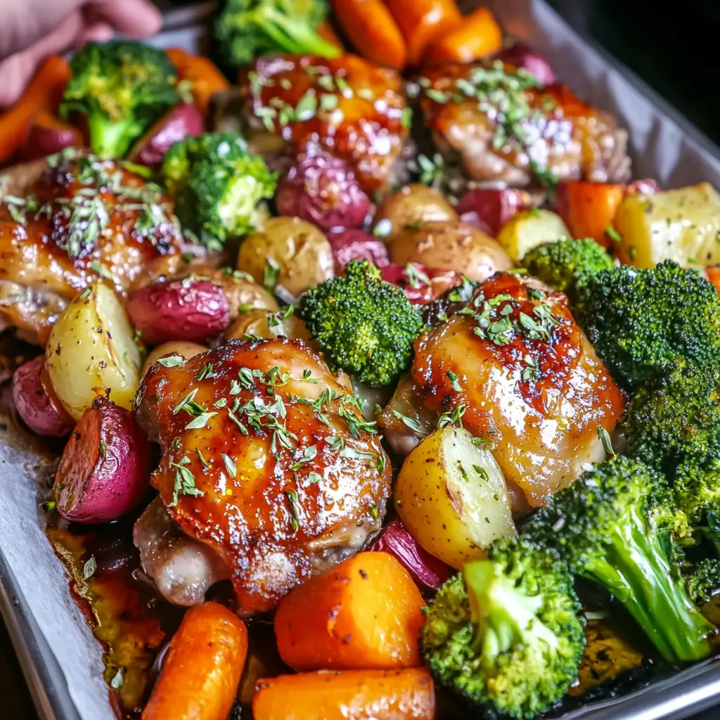 Colorful assortment of roasted chicken, vegetables, and potatoes on a sheet pan, ready to serve.