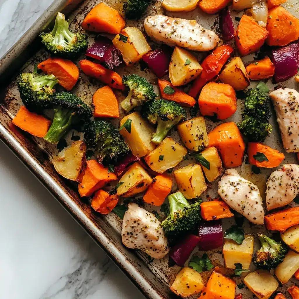 A sheet pan filled with roasted chicken breast, colorful vegetables like bell peppers and broccoli, and sweet potatoes, arranged neatly on parchment paper.