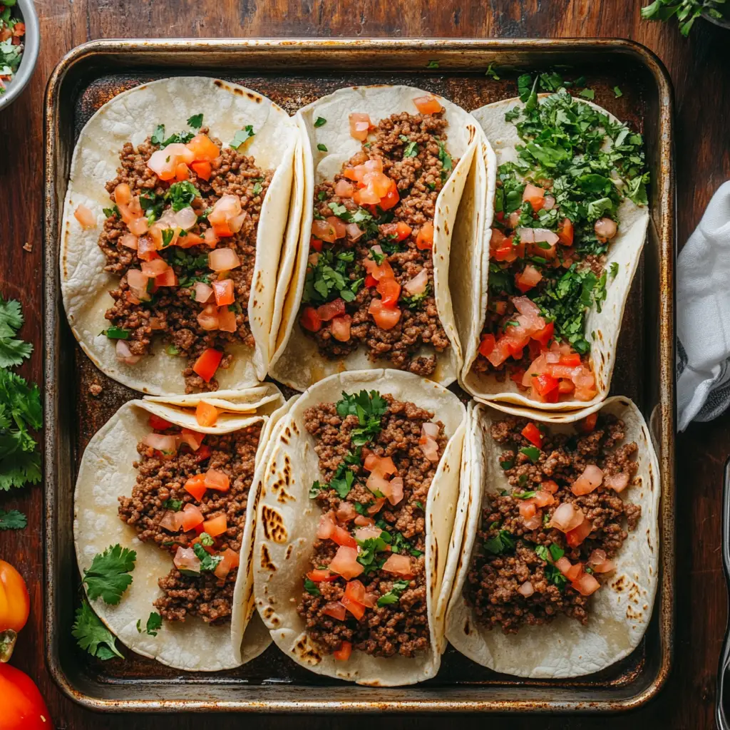 a tray of tacos with meat and vegetables