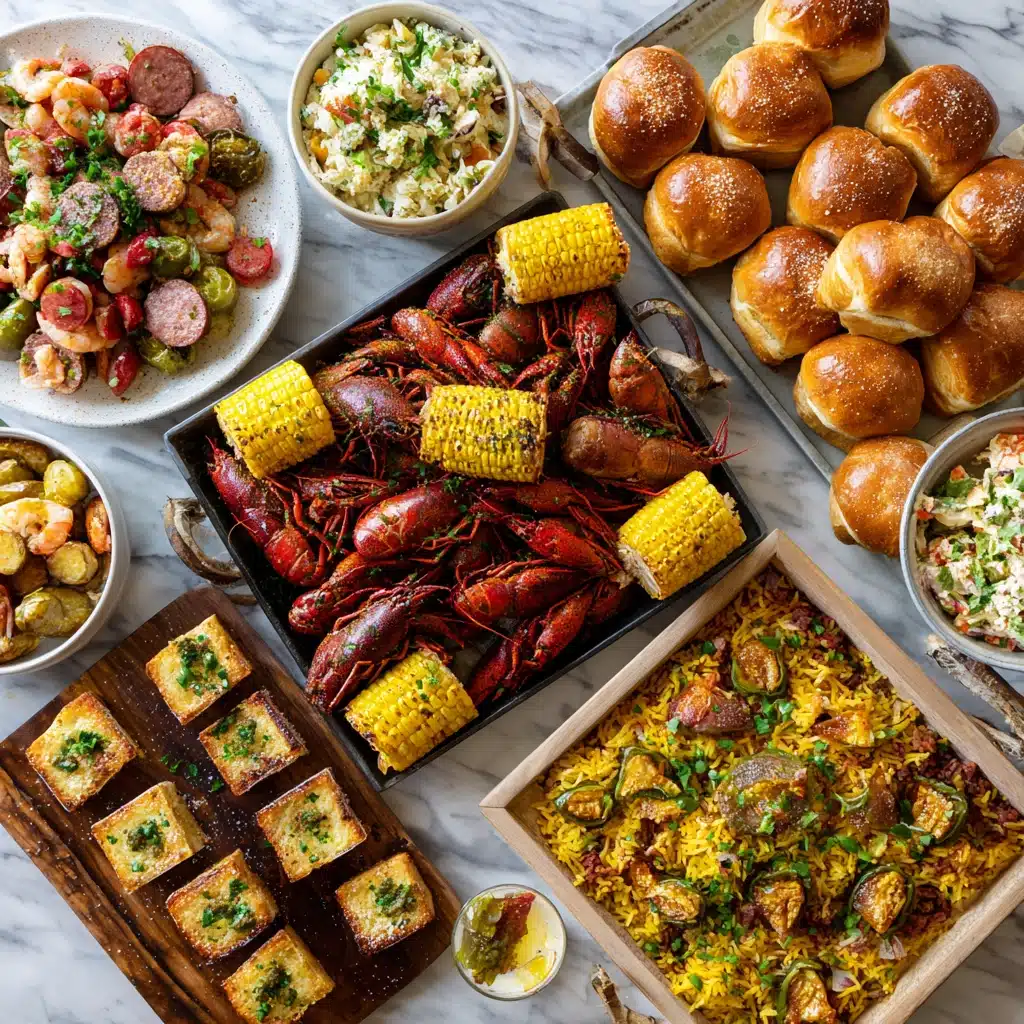 Colorful top-down view of a crawfish boil feast with ten side dishes including corn, potatoes, sausage, bread, and salads.