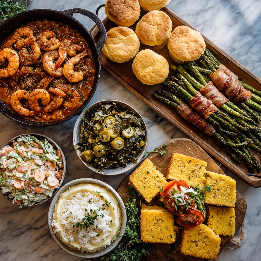 Top-down view of a Southern-style crawfish étouffée meal with 10 vibrant side dishes on a marble background.