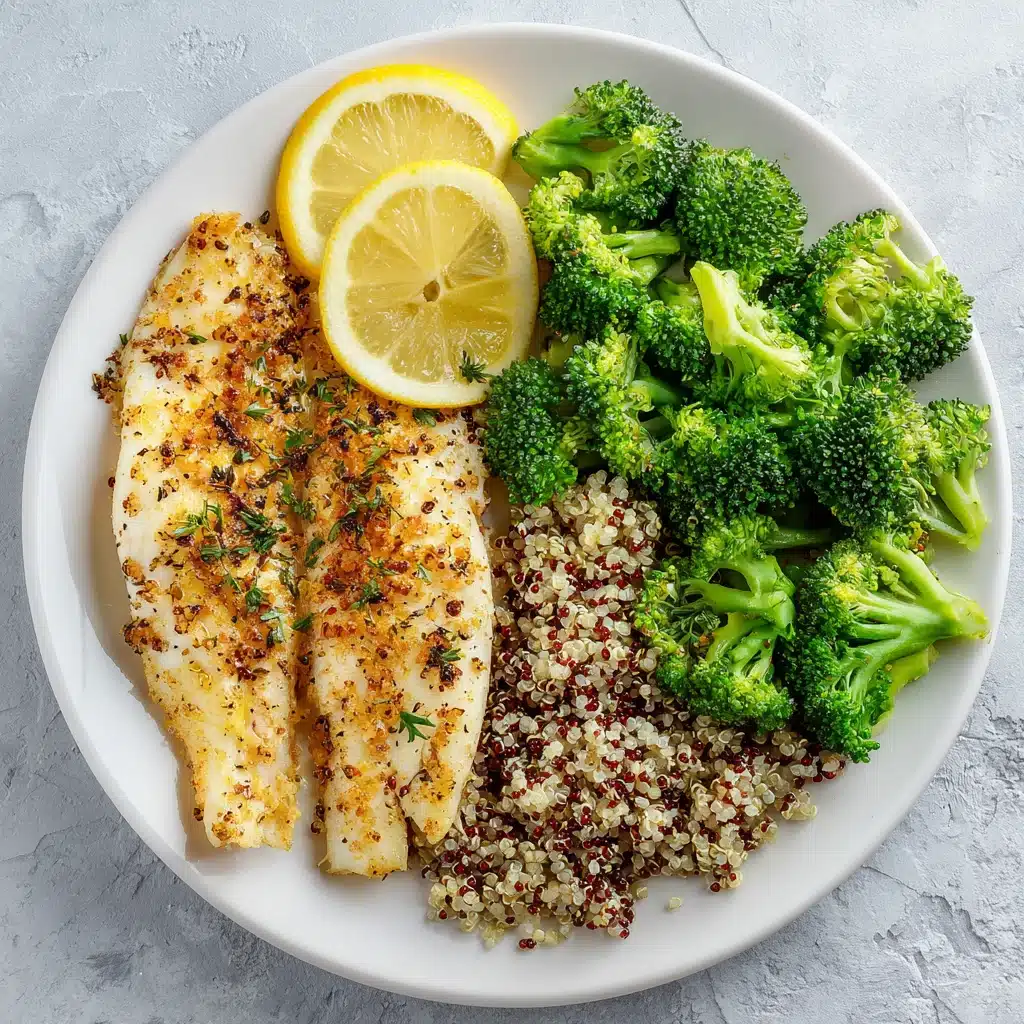 Overhead photo of baked tilapia with broccoli, quinoa, and salad