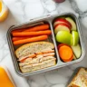 Top-down view of chicken sandwich school lunch in a packed lunchbox.