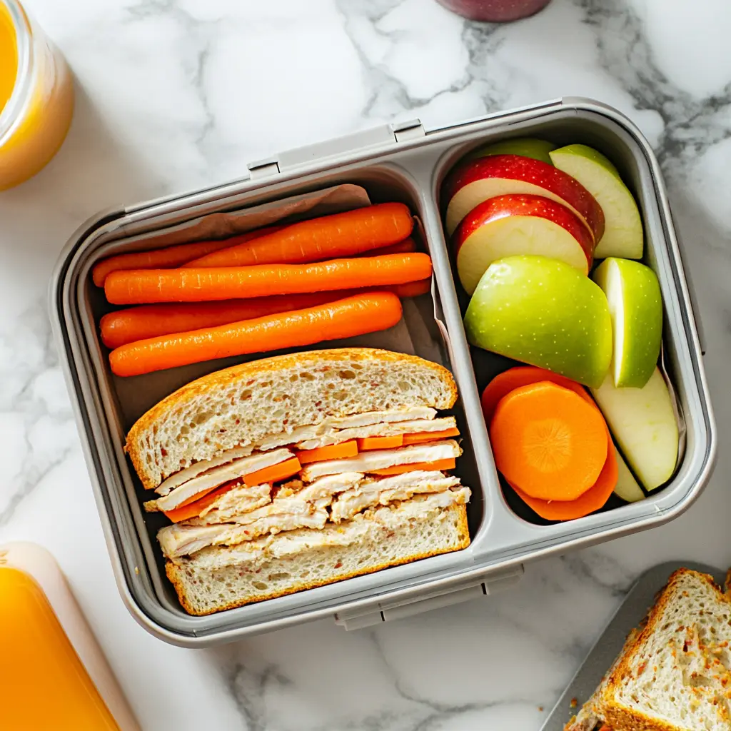 Top-down view of chicken sandwich school lunch in a packed lunchbox.