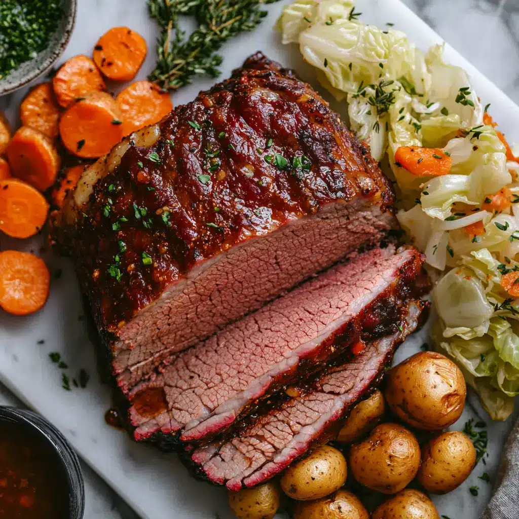 A top-down view of a beautifully plated corned beef and cabbage dinner.