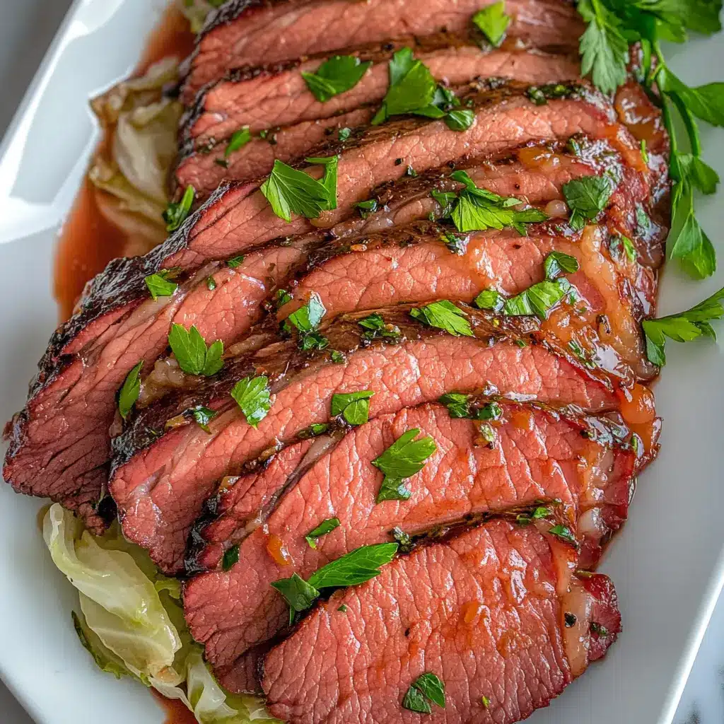 Top-down view of oven-baked corned beef and cabbage in a dish.