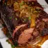 Corned beef topped with roasted sauerkraut fresh from the oven