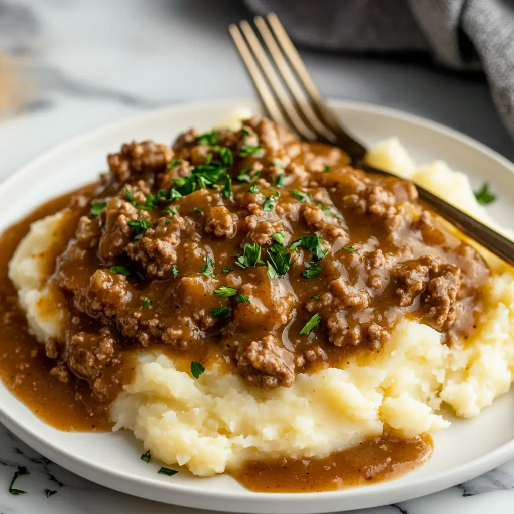 Ground Beef and Gravy Over Mashed Potatoes