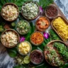 Colorful Hawaiian side dishes arranged on a marble table with tropical garnishes
