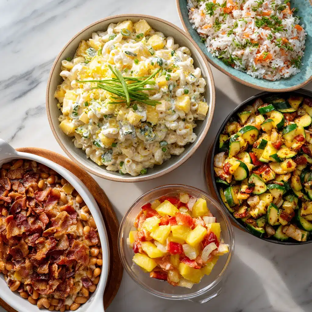 Top-down view of five Hawaiian side dishes including macaroni salad, pineapple coconut rice, sautéed vegetables, baked beans, and lomi salmon on a tropical-themed table.