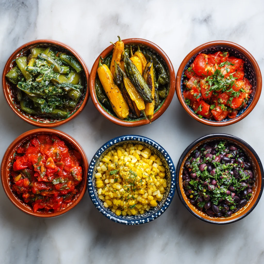 Overhead shot of six Mexican vegetable side dishes on marble countertop