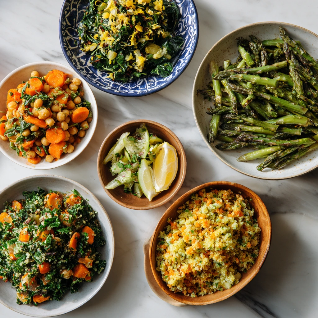 A vibrant top-down display of six Passover side dishes on a marble surface.
