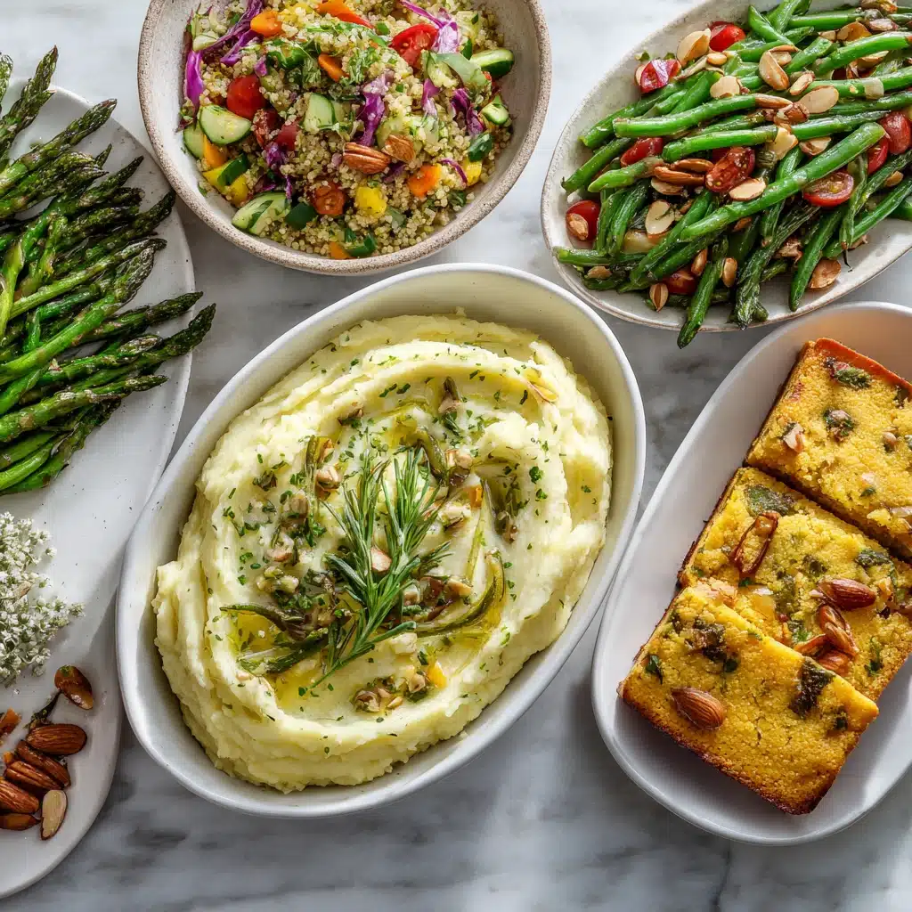 A rustic table filled with assorted side dishes including mashed potatoes, roasted asparagus, quinoa salad, and cornbread.