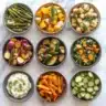 Collage of ten vibrant Passover vegetable side dishes arranged in separate bowls on a marble surface