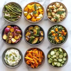 Collage of ten vibrant Passover vegetable side dishes arranged in separate bowls on a marble surface