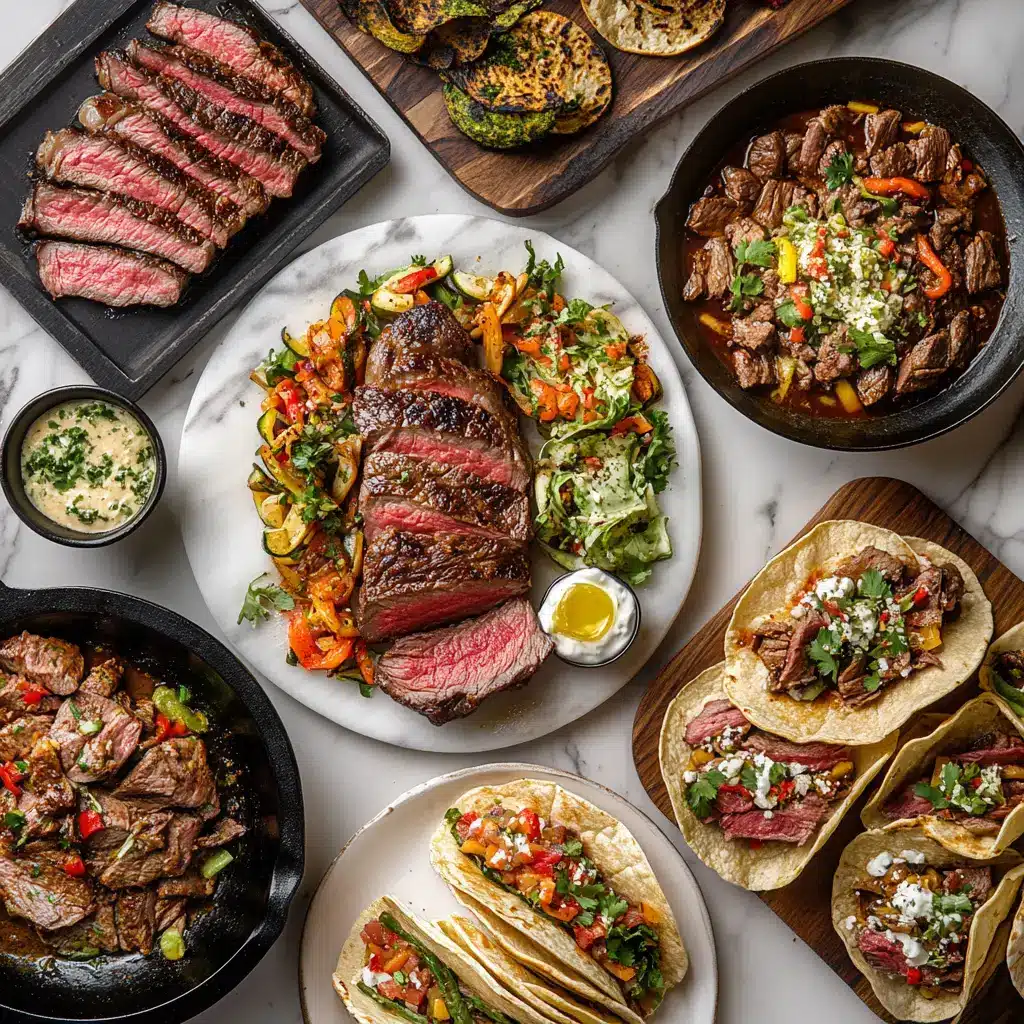 A top-down view of assorted beef dishes including grilled steak, beef tacos, stir-fry, and a hearty beef stew, arranged on a marble table with roasted vegetables and sauces.
