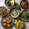 Top-down view of a vibrant assortment of Persian side dishes, artfully arranged on a marble surface.