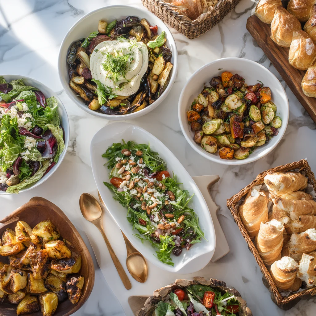 Overhead shot of a curated side dish catering spread