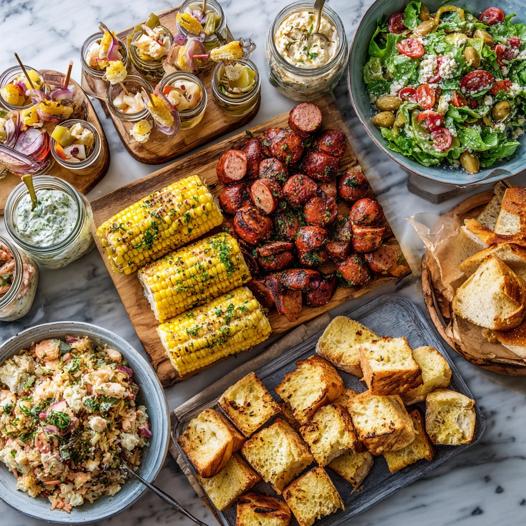 Top-down view of a crawfish boil table with 10 flavorful Southern-style side dishes.