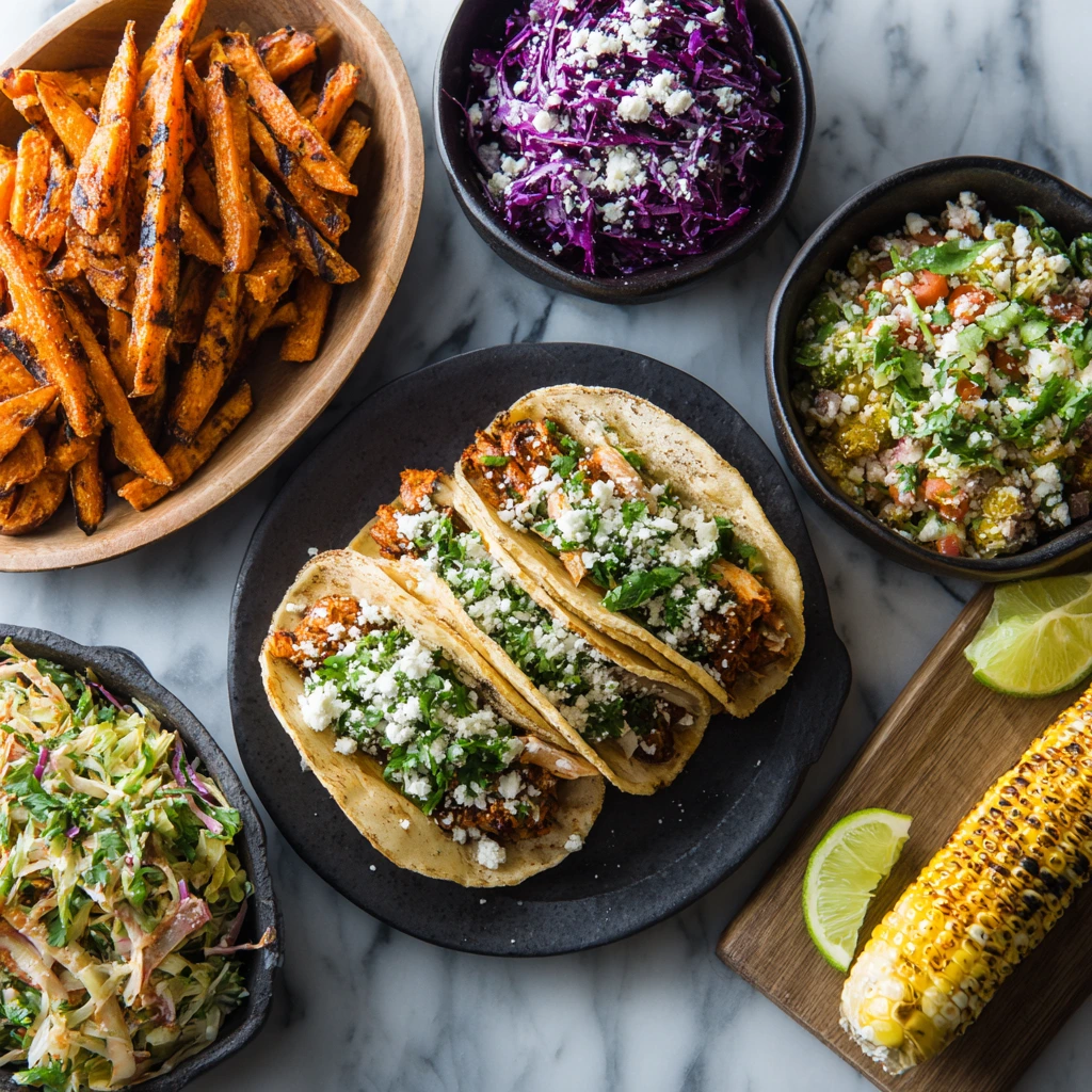 Delicious side dishes for fish tacos including sweet potato fries, tangy cabbage slaw, and Mexican street corn.