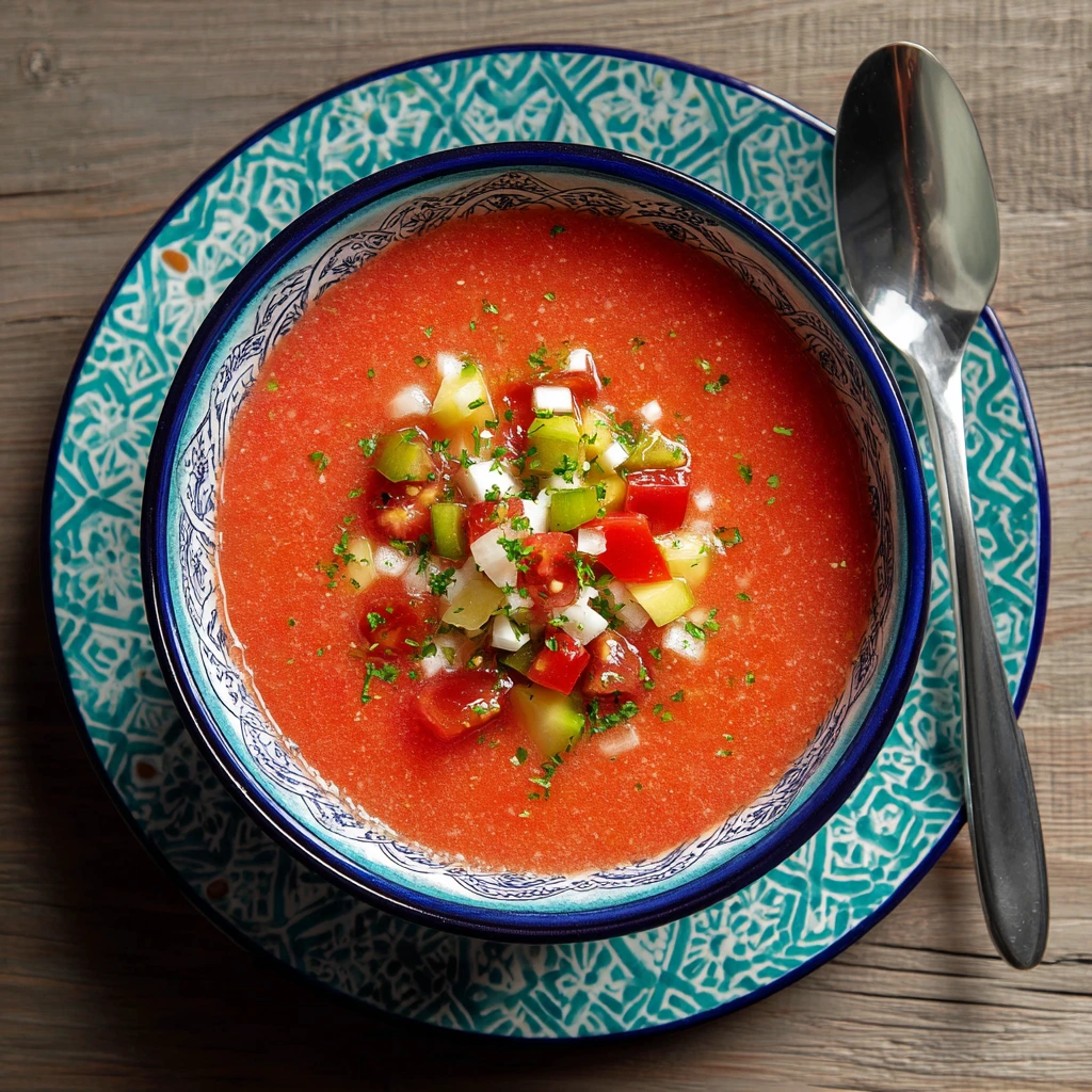 A bowl of vibrant gazpacho soup garnished with finely chopped cucumbers, tomatoes, onions, and herbs, served in a blue patterned dish with a spoon on the side.