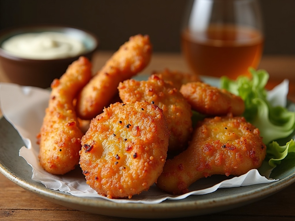 Flat lay of a table featuring various air fryer recipes including crispy chicken wings, golden French fries, roasted vegetables, and mozzarella sticks, all arranged on serving plates with dipping sauces and garnishes.