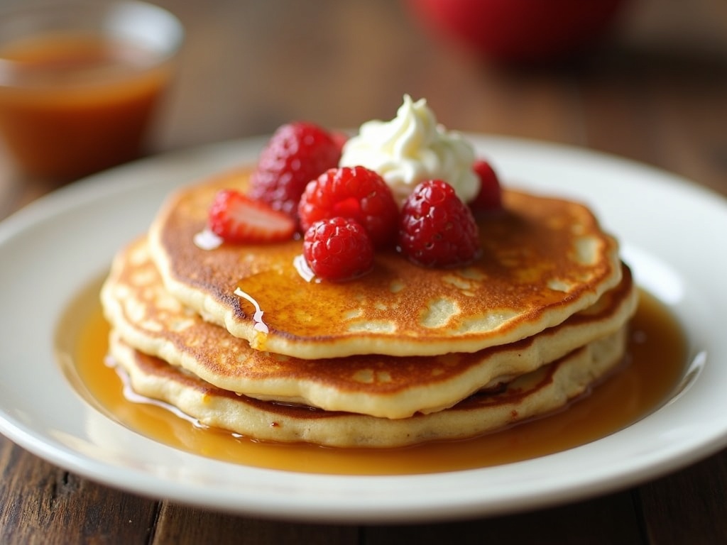 Stack of fluffy American pancakes topped with fresh strawberries, blueberries, a pat of melting butter, and drizzled with maple syrup on a white plate.