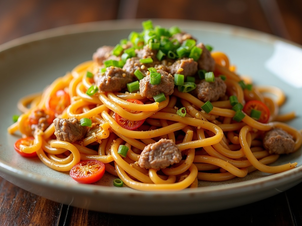 A plate of beef chow mein featuring stir-fried noodles mixed with sliced beef, carrots, bell peppers, and green onions, all coated in a savory brown sauce, served on a white dish with chopsticks on the side.