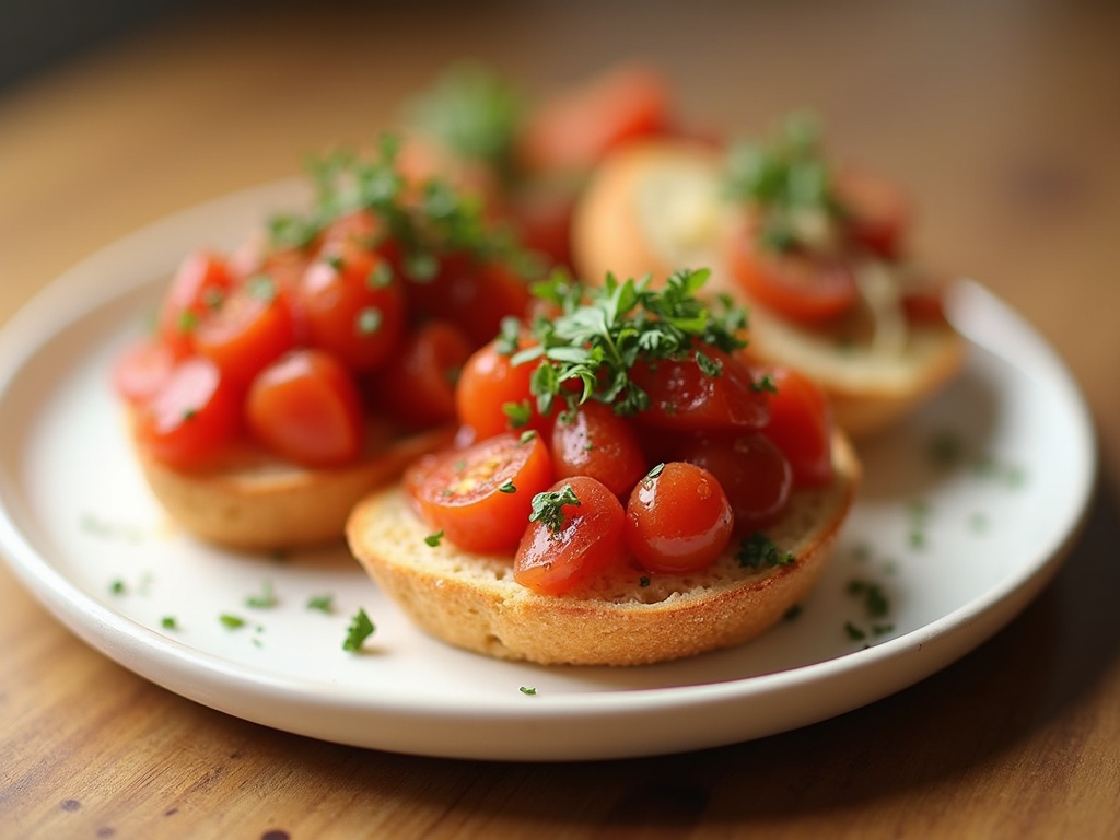 view of a wooden cutting board with several pieces of bruschetta topped with diced tomatoes, chopped basil, and drizzled olive oil.