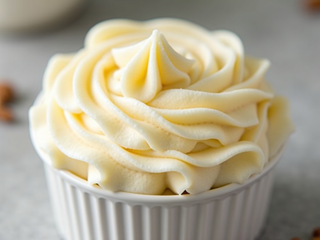 A mixing bowl filled with creamy, smooth buttercream frosting.