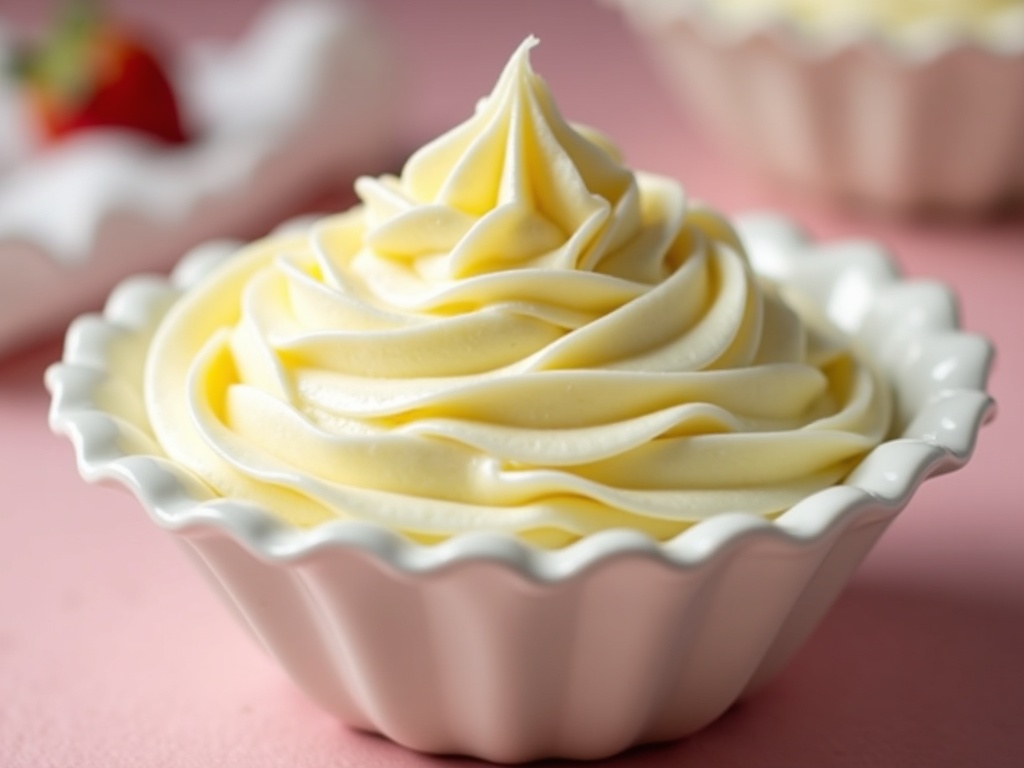 A mixing bowl filled with creamy, smooth buttercream frosting is being whipped with a hand mixer.