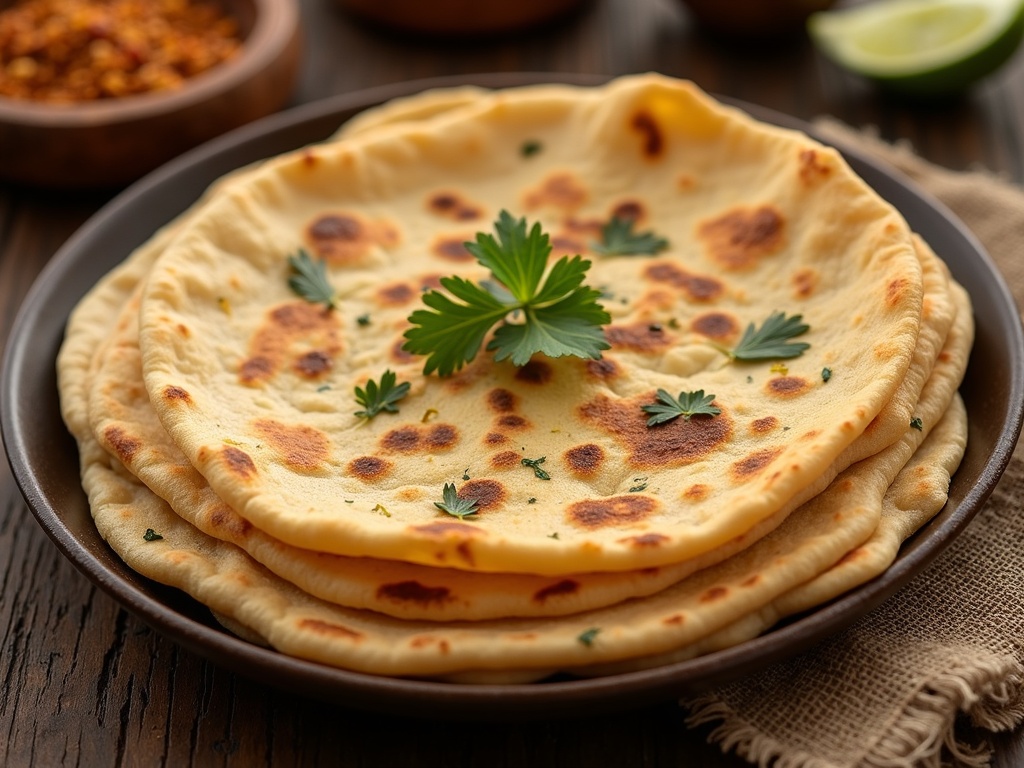 A top-down view of freshly made chapatis on a wooden board, surrounded by a rolling pin.