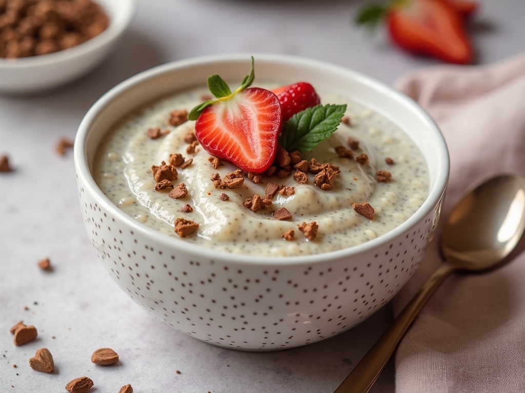 A bowl jar filled with creamy chia pudding topped with fresh blueberries, sliced strawberries, and a sprig of mint.