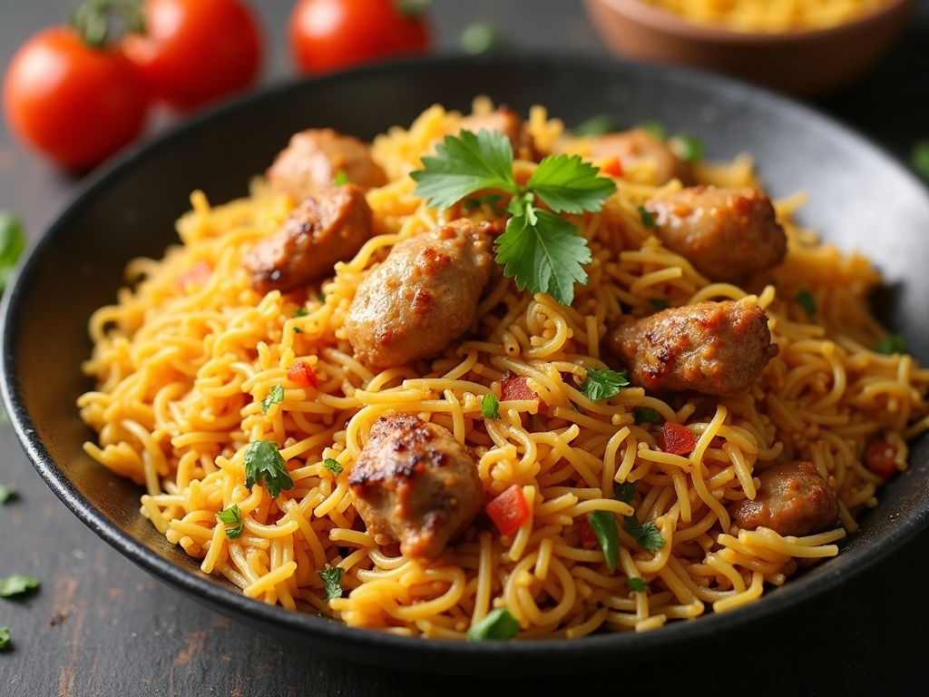 A steaming plate of chicken biryani served on a white dish, featuring spiced basmati rice mixed with tender chicken pieces.