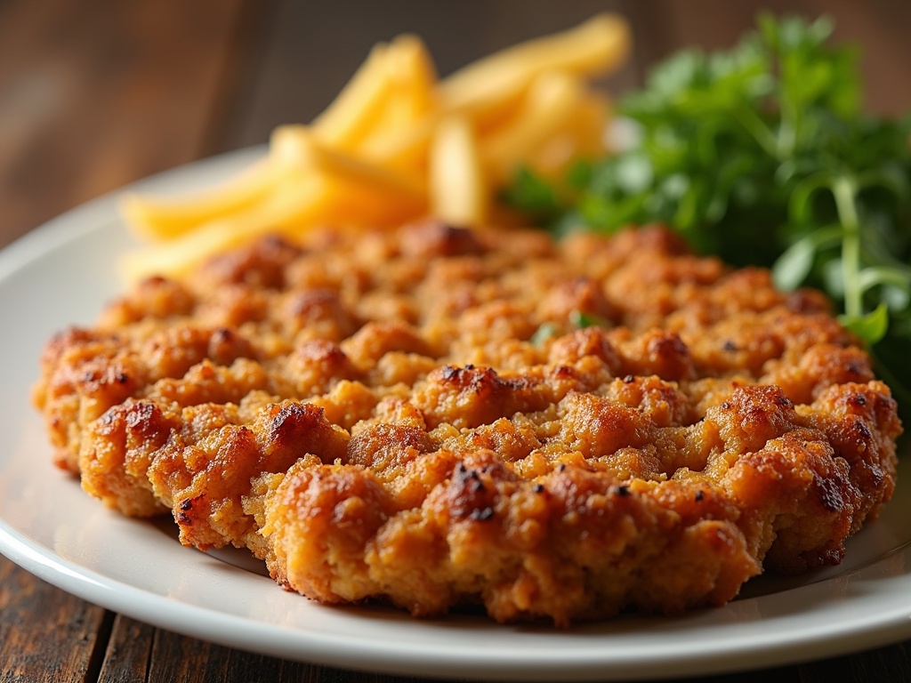 A plate of chicken fried steak served with potatoes on a rustic wooden table.