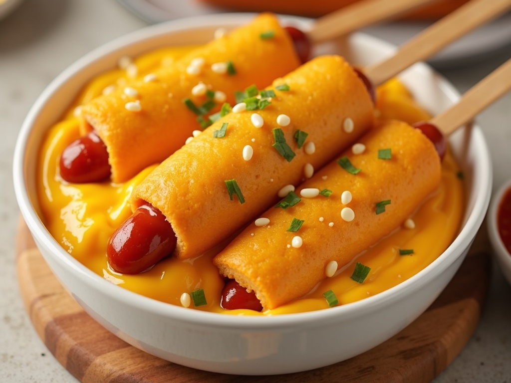 A corn dog on a wooden stick, golden brown and crispy, served on a white plate with a drizzle of mustard, accompanied by a small bowl of ketchup in the background.