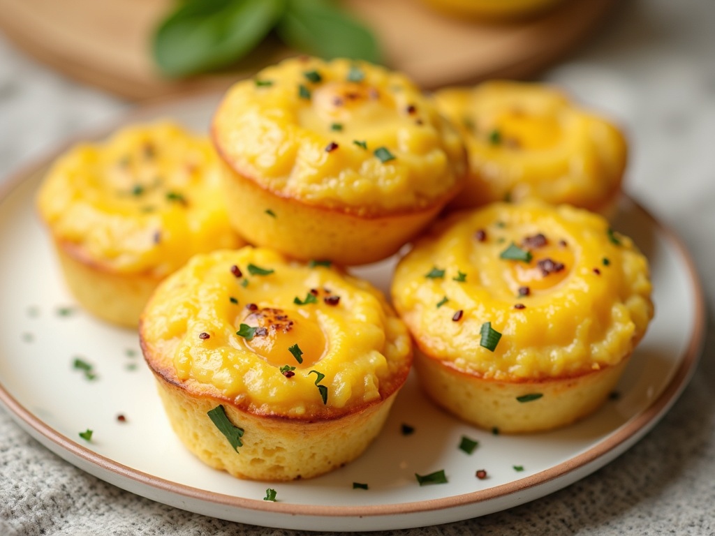 Freshly baked egg muffins arranged in a white dish on a wooden cutting board.