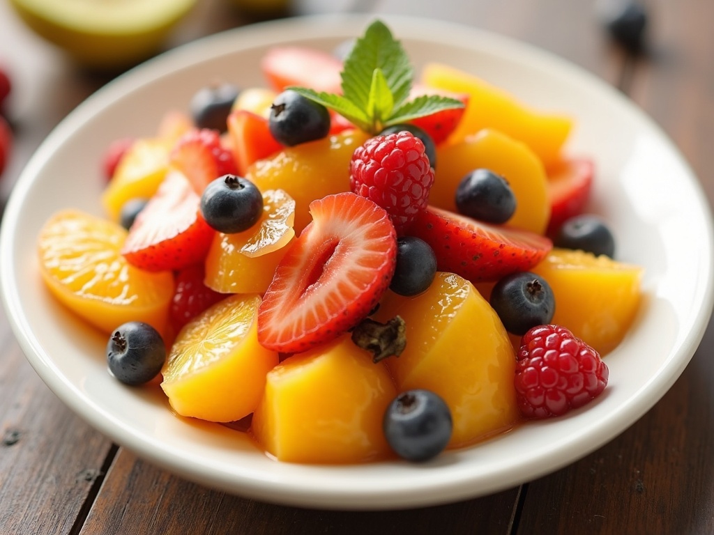 A colorful fruit salad in a white bowl, featuring sliced strawberries, kiwi, blueberries, orange segments, and grapes, garnished with fresh mint leaves on a wooden table.
