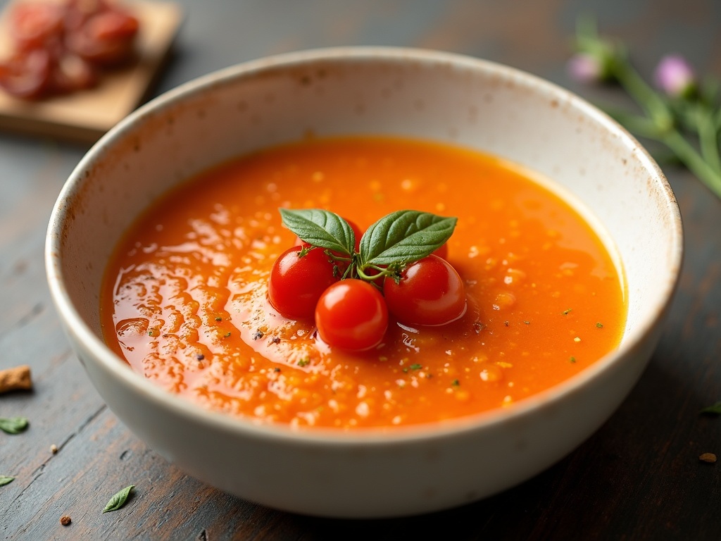 A bowl of chilled gazpacho garnished with diced tomatoes, cucumbers, and fresh basil, served on a rustic wooden table with slices of crusty bread on the side.