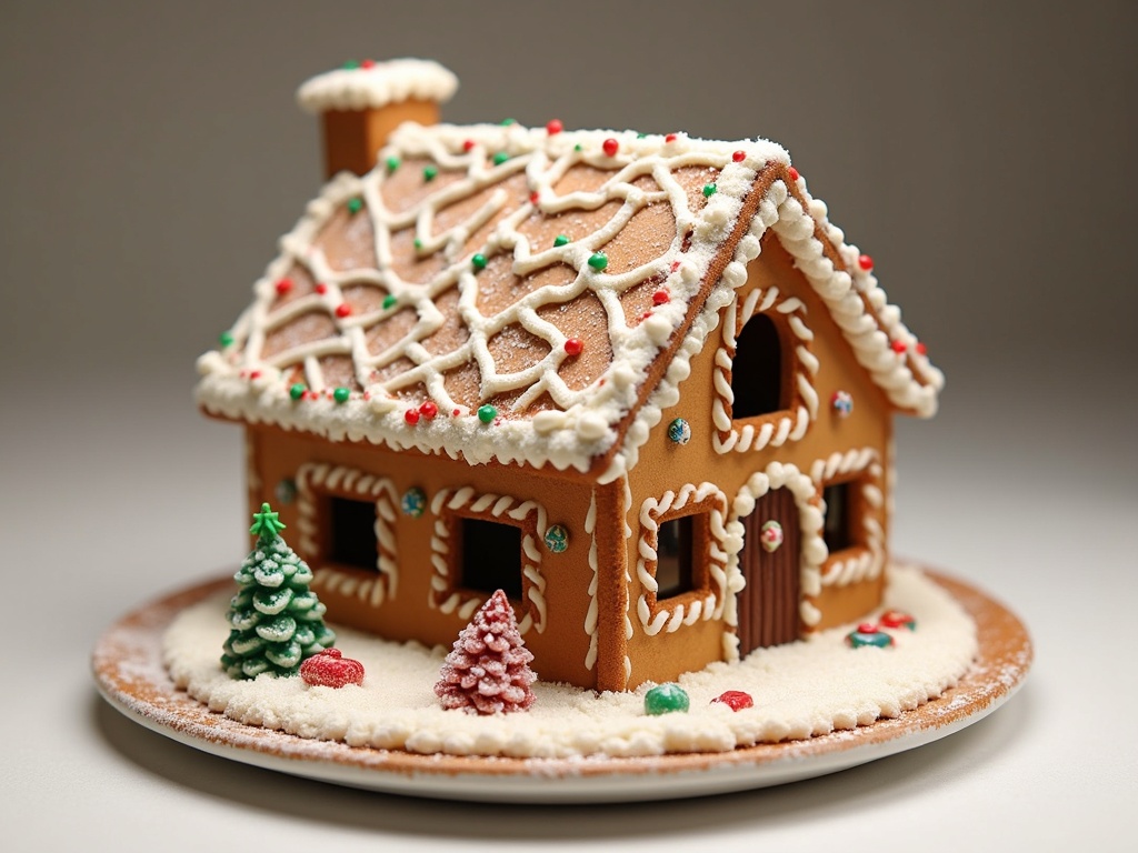 A festive gingerbread house decorated with colorful candies.