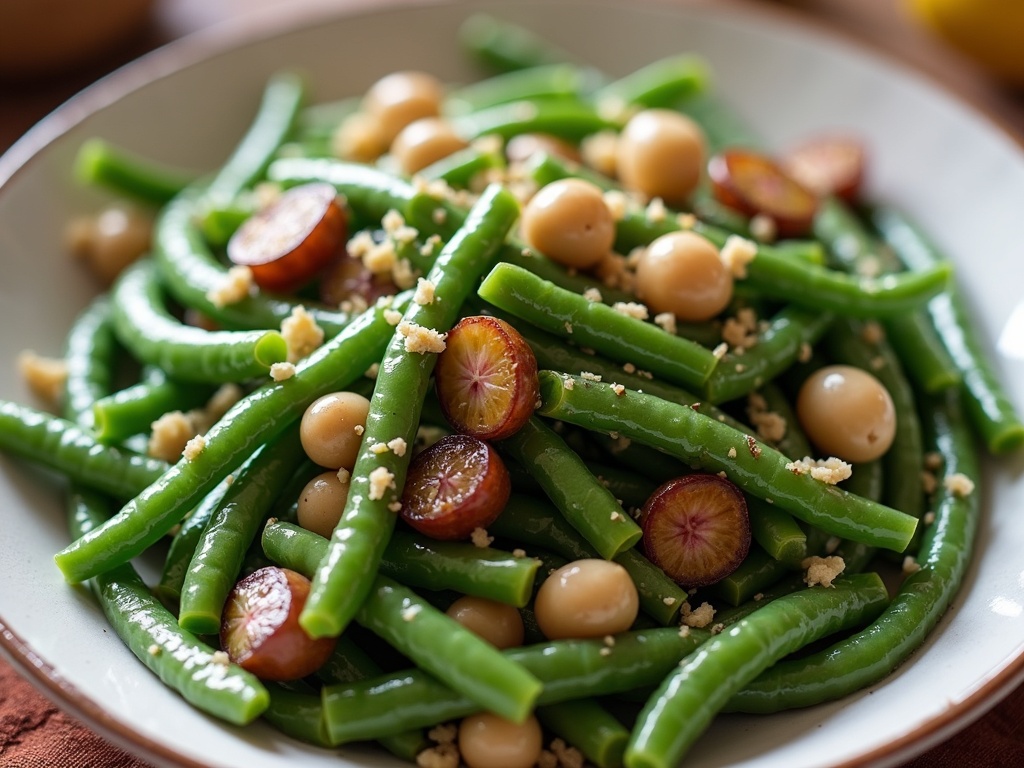 A bowl of fresh green bean salad with blanched green beans.